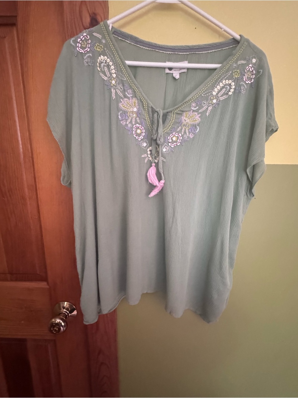Anthropologie Sage Green Embroidered V-Neck Tassel Tunic